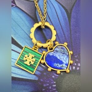 Tory Burch Gold Necklace with Blue Heart and Green Square Charms